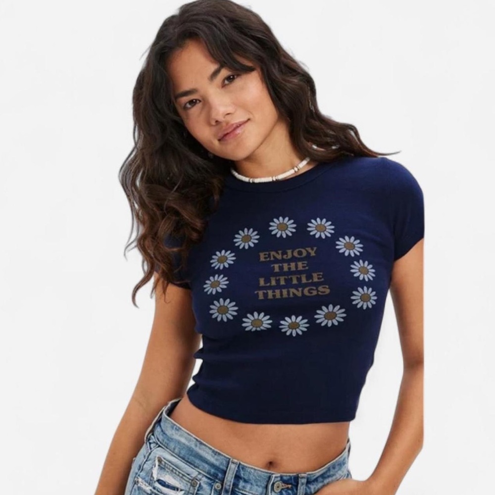 American Eagle Outfitters Navy Tee with Flower Design